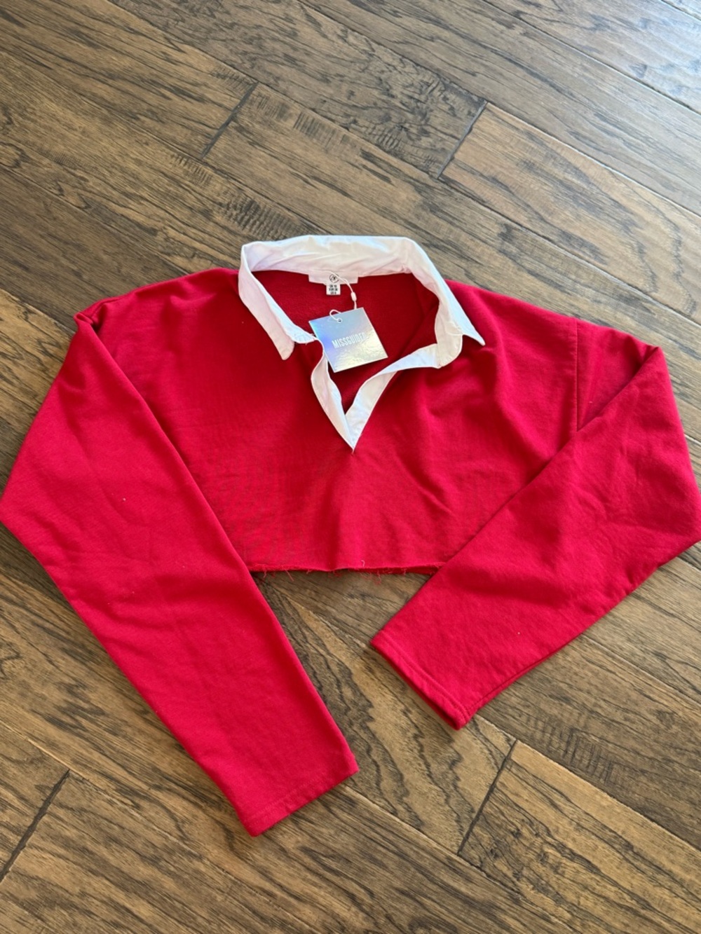 Missguided + Red Cropped Rugby Polo Top with White Collar